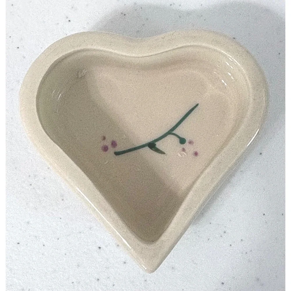 Hartstone Pottery Heart Shaped Ramekin Trinket Dish Sprig Berry Hand Painted USA